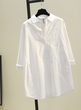 白色刺绣牛津纺棉衬衣裙2025秋季韩休闲中长款bf风打底衫衬衣百搭