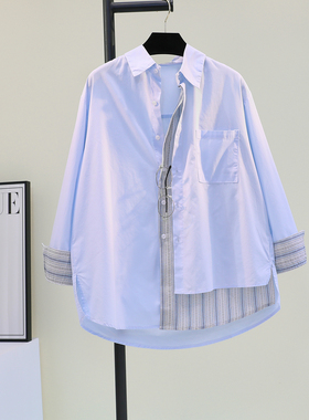 浅蓝色条纹拼接衬衣女2025春秋新韩版宽松休闲长袖衬衫上衣设计感