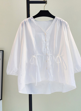 2025夏韩版紫色白色显瘦V领收腰系带设计宽松气质