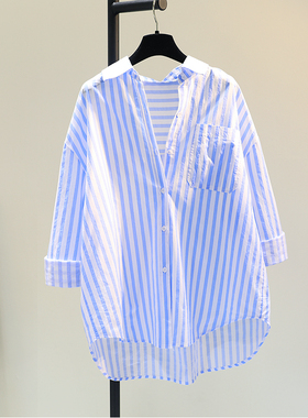 蓝色单口袋棉麻衬衫女2025春季新款韩版宽松休闲薄衬衣防晒衣开衫
