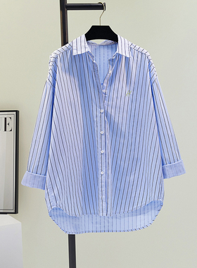 蓝色刺绣条纹衬衫女2025春夏新韩系文艺休闲高级感长袖中长款上衣