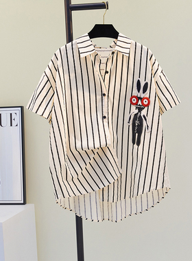 设计感刺绣黑色条纹衬衫女2025夏季新款宽松减龄短袖衬衣别致上衣