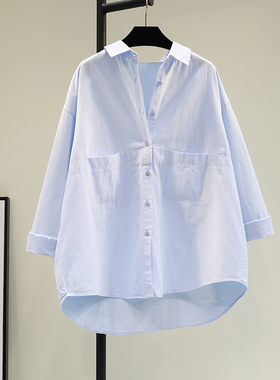 蓝色双口袋中长款棉衬衫女2024秋季新款韩范文艺宽松通勤衬衣开衫