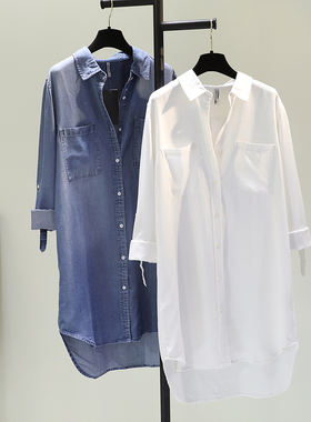 天丝棉麻白色牛仔衬衣裙女2025秋季新款双口袋卷袖休闲衬衫薄开衫