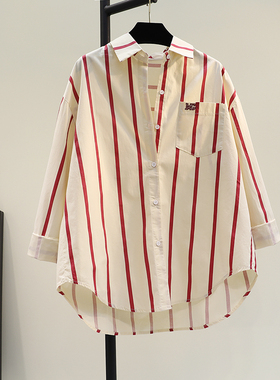 红色竖条纹长袖棉衬衫女2025春新款韩版宽松休闲衬衣薄开衫上衣
