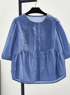 白色五分袖减龄娃娃衫女2025夏新韩版宽松休闲褶皱休闲衬衫衬衣