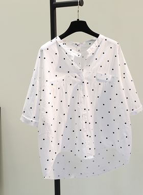 圆点白色衬衫女2024夏新款韩范文艺小清新衬衣百搭休闲上衣开衫