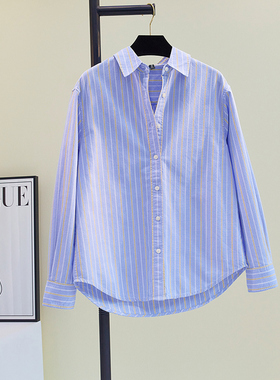 蓝色竖条纹衬衫女2025春夏新宽松休闲衬衣中长款防晒衣薄外套上衣