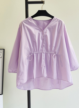 紫色V领收腰显瘦设计宽松纯色七分袖2025夏季新款韩版休闲上衣