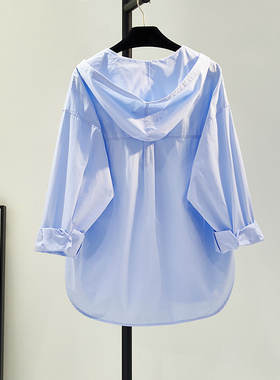 连帽蓝色薄款衬衫短外套女2025春新韩范文艺糖果色防晒衣空调衫