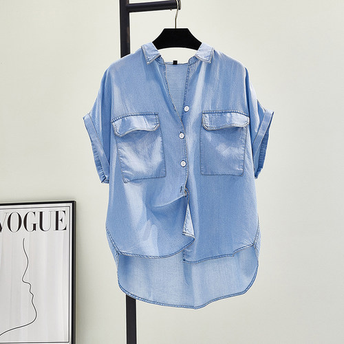 宽松韩版单排扣小飞袖天丝牛仔棉