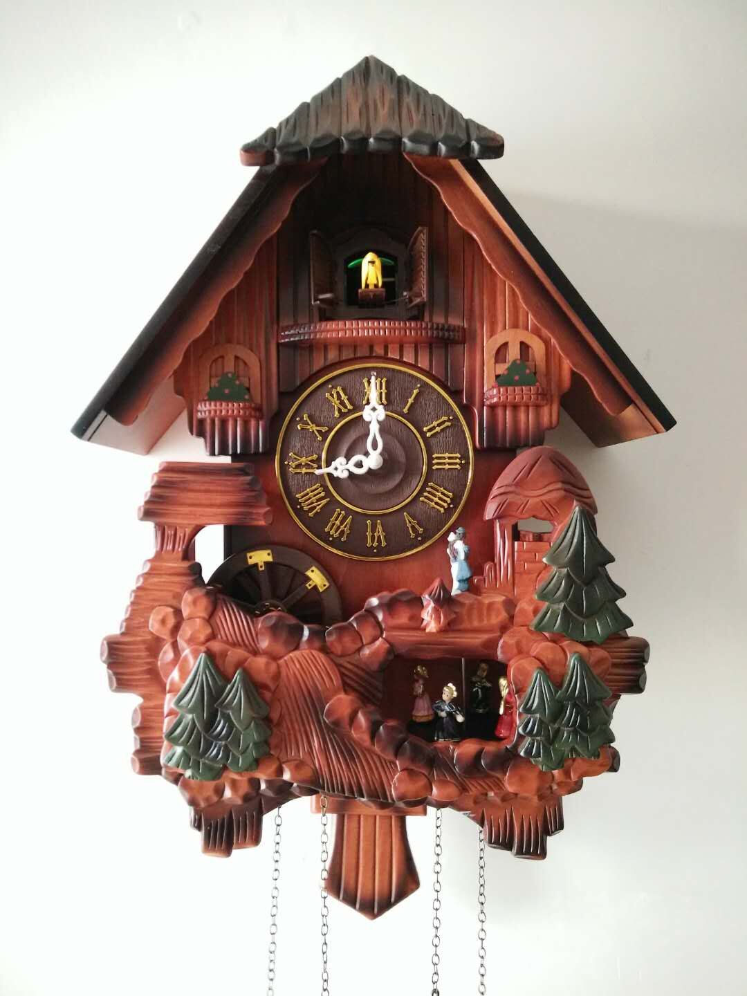 厂家直销感光报时布谷鸟钟咕咕钟手工雕刻客厅创意实木挂钟xfz518