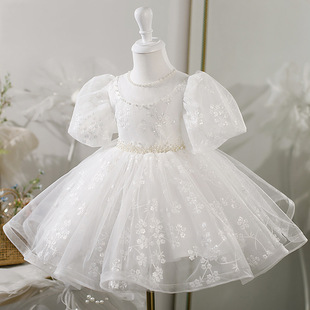 新款白色女童公主裙周岁儿童礼服蓬蓬纱裙钢琴小主持人比赛演出服