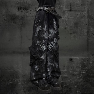 Miub亚文化废土风水洗皱褶微喇牛仔裤 秋 男女复古做旧宽松阔腿长裤