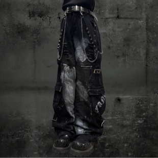 裤 男女废土风泼墨街头朋克阔腿工装 摇滚多口袋涂鸦牛仔裤 Miub美式