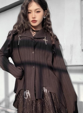 Miub日系亚文化衬衫女春夏不规则长袖衬衣暗黑设计感山本黑色上衣