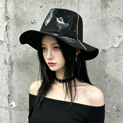 暗黑泼墨西部帽朋克辣妹宽檐礼帽
