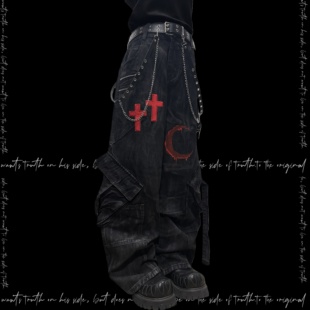 口袋直筒阔腿裤 Miub暗黑先锋设计水洗做旧牛仔裤 男女摇滚Y2K工装