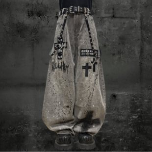 秋先锋Y2K朋克贴布宽松阔腿裤 Miub美式 复古废土风水洗泼墨牛仔裤