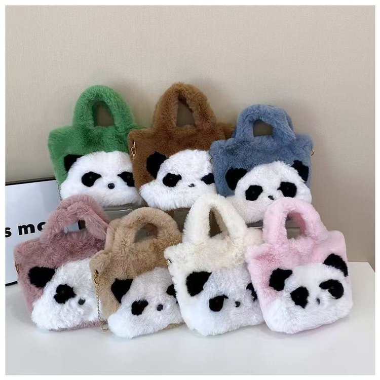 超萌可爱熊猫毛绒手提包秋冬毛茸茸学生卡通单肩斜排场女包百搭包