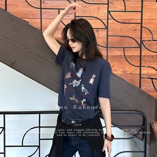 欧洲站2025秋冬新款 T恤女 设计师款 小众复古甜辣甜美刺绣小狗短袖