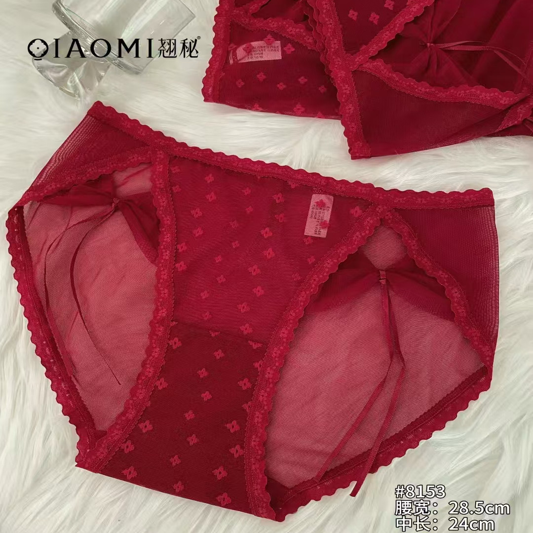 3条装 翘秘美人红网纱缀小花蕾丝内裤女本命年喜庆法式高开叉8153