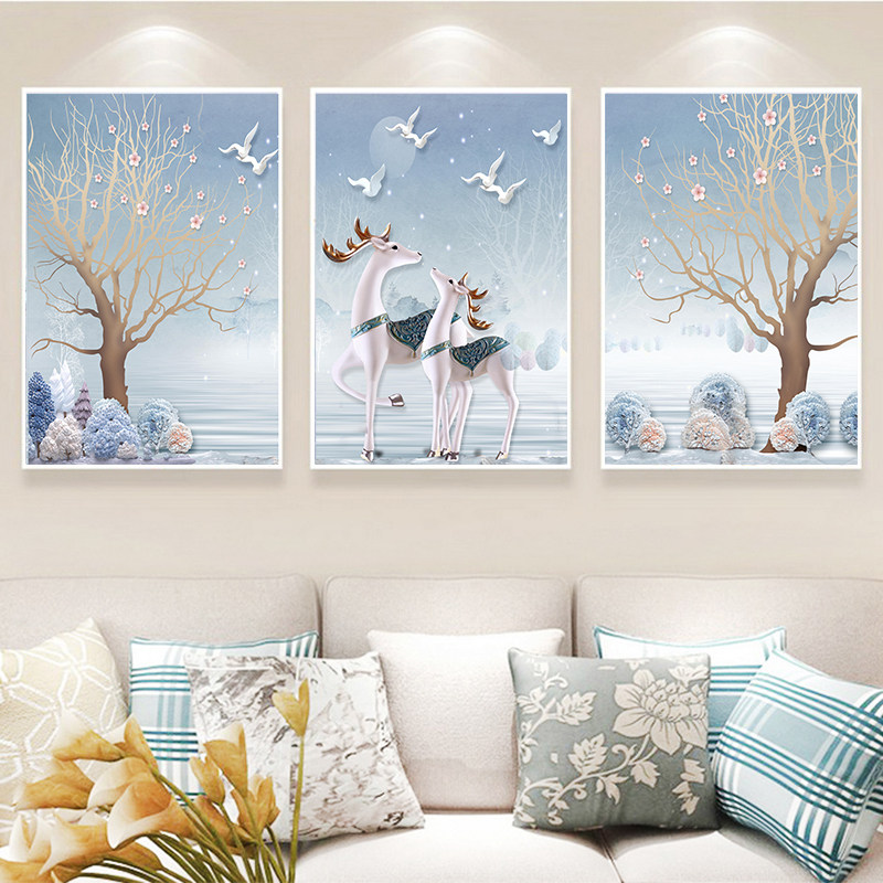 5d三联画发财鹿钻石画2024新款客厅简约现代全贴砖粘钻十字绣满钻