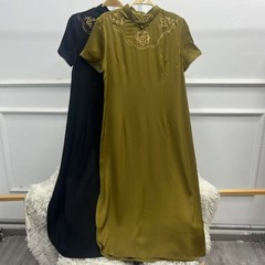 凡写新款重磅双乔桑蚕丝复古立领刺绣印花显瘦旗袍连衣裙 26028