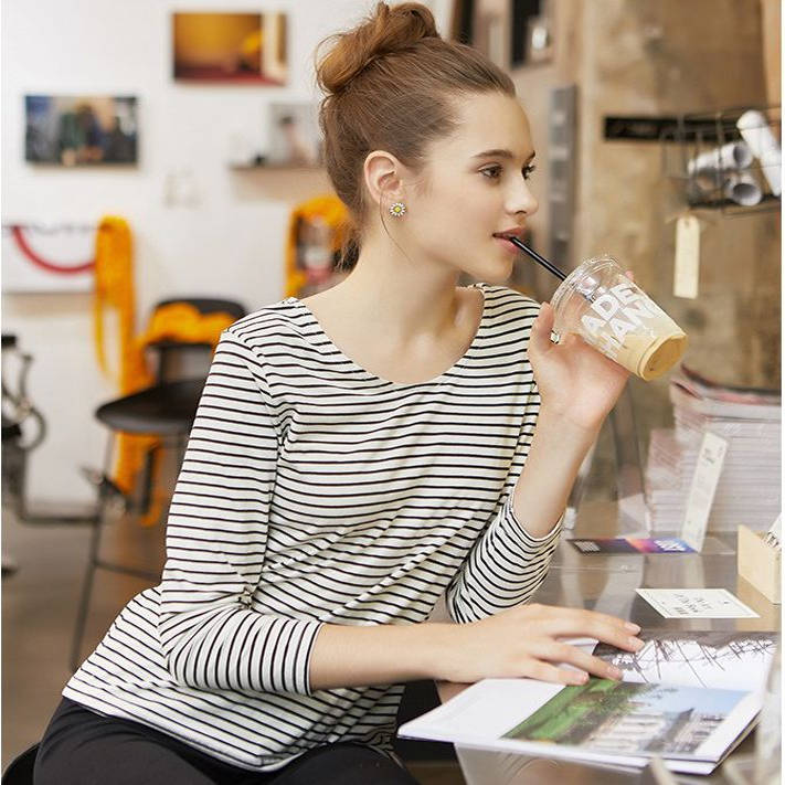 打底衫絲柔條紋減齡九分袖