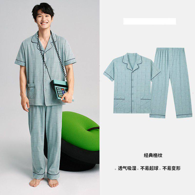 三枪纯棉睡衣套装男夏季薄款水柔棉翻领开襟短袖长裤家居服
