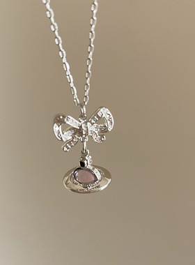 设计感猫眼石星球蝴蝶结吊坠项链女简约个性时尚百搭颈链锁骨链