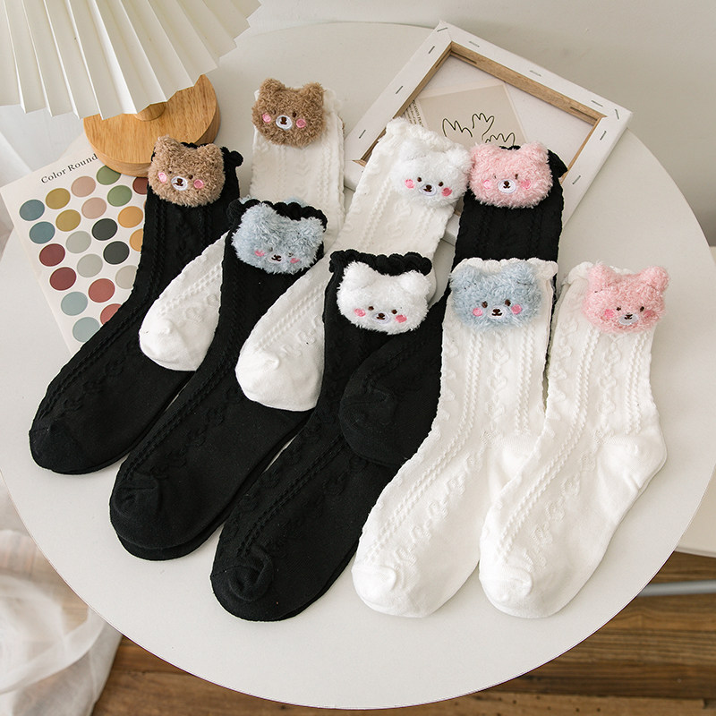 春秋季可爱袜子女立体玩偶卡通小熊韩版ins潮中筒袜日系网红棉袜