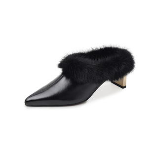 外贸定制款 ～黑色牛皮加绒包头拖粗高跟水貂时装