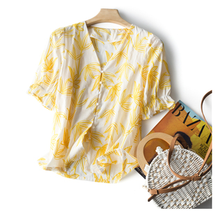 法式重工刺绣衬衫~树叶图案全棉衬衣女夏季气质V领百搭泡泡袖上衣