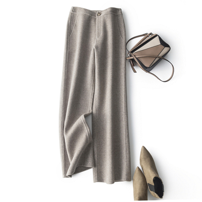 高腰温柔米色人字纹长裤