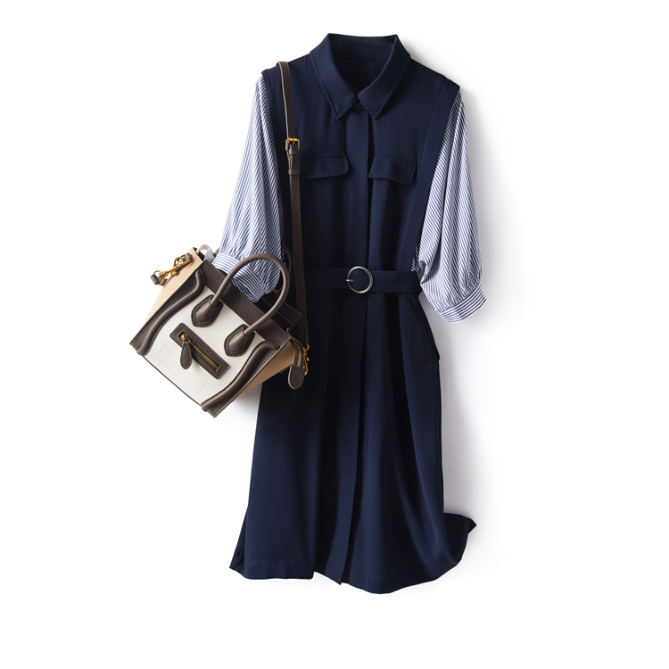赫本风衬衫新款藏青色收腰连衣裙