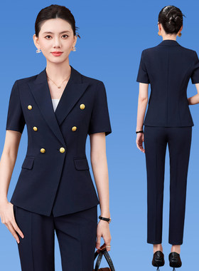 藏青双排扣女西装套装高级工作服