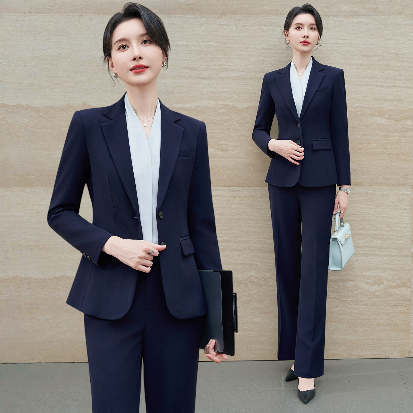 藏青色两粒扣职业西装套装女秋修身正装高级公务员酒店银行工作服