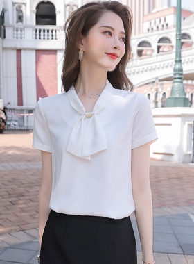 蝴蝶结衬衫女夏季短袖套头设计感雪纺气质上衣OL通勤宽松职业衬衣