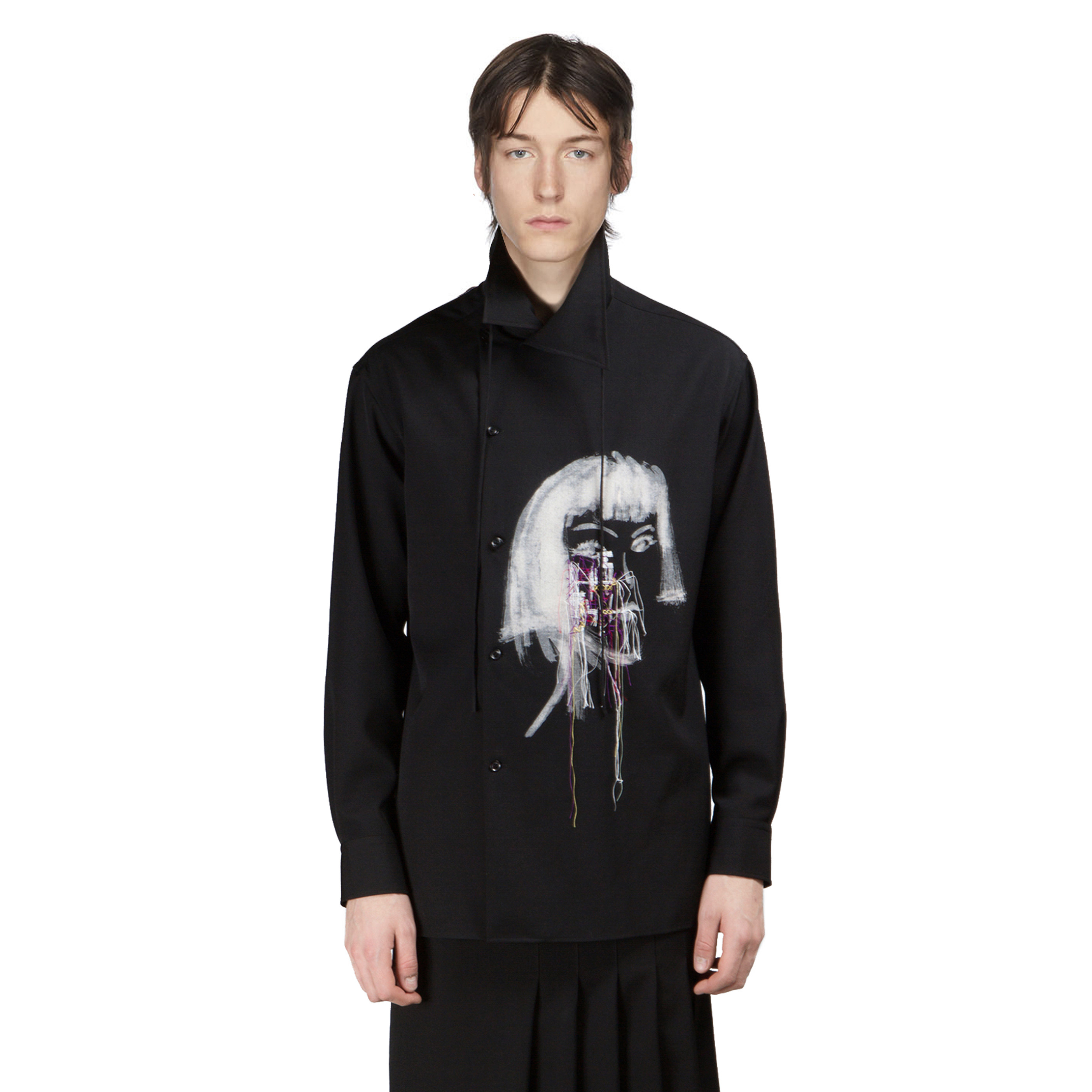 乙丿乙乀03yohji yamamoto头像刺绣印花羊毛男士休闲流苏衬衫