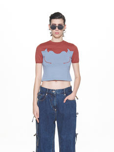 PUSHBUTTON 24SS 提花合身针织露脐短袖T恤上衣 DOUBLEBOO 买手店