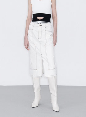 YCH 24PS 白色前开衩中长款牛仔半裙 DOUBLE BOO 买手店