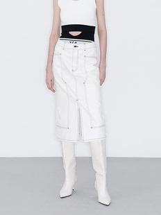 YCH 24PS 白色前开衩中长款牛仔半裙 DOUBLE BOO 买手店