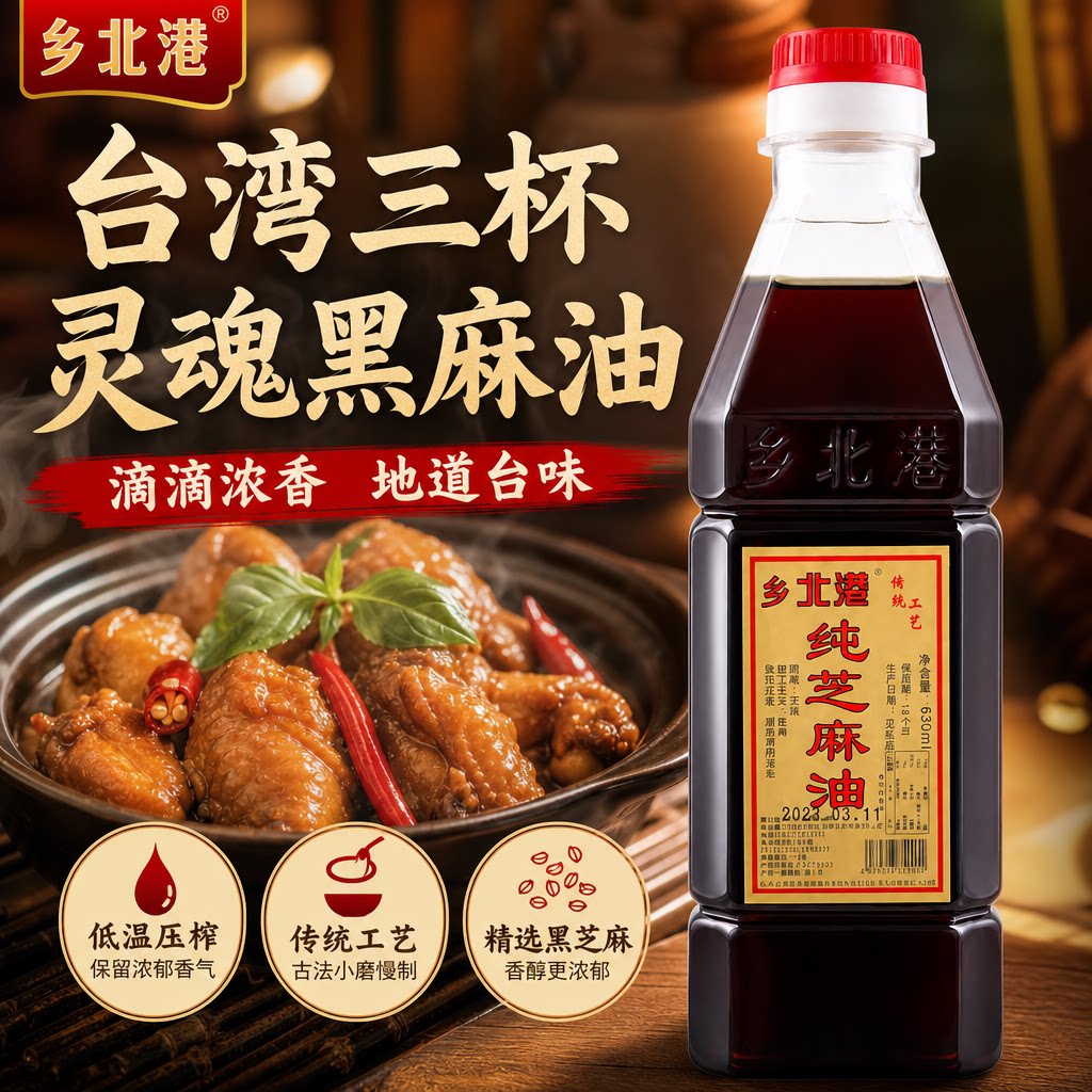 台湾三杯鸡麻油乡北港黑麻油鲜胡麻芝麻油鸡纯正产后月子油调料