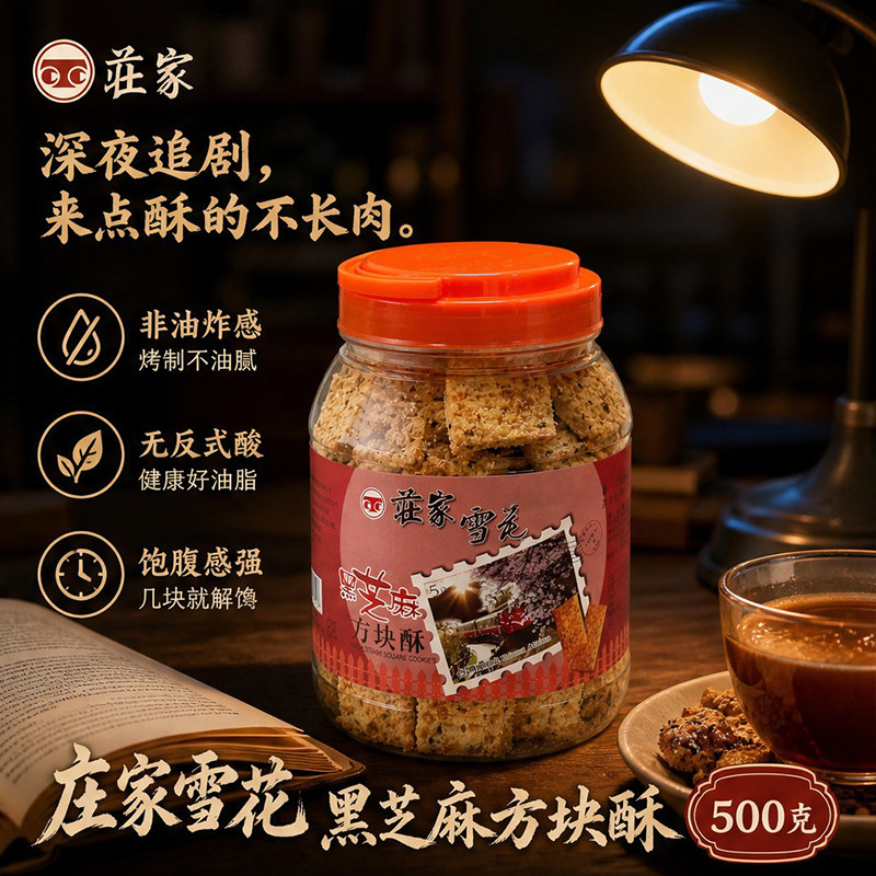 台湾原装庄家老牌黑芝麻方块酥醇香罐装密封办公茶点酥性饼干500g