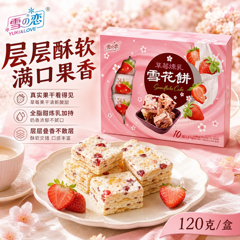 台湾特产雪之恋草莓炼乳雪花饼果干奶酥牛轧糖下午茶糕点饼干120g