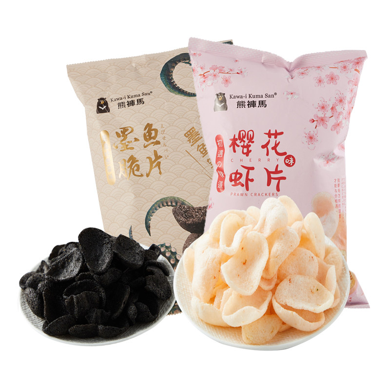 网红新款熊裤马樱花虾片墨鱼脆片葱香味50g膨化即食小零食小吃