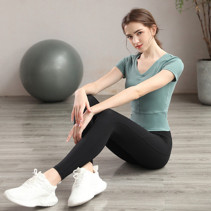 可可瑜伽服短袖套装 女前后V领时尚显瘦跑步运动健身上衣秋冬新款