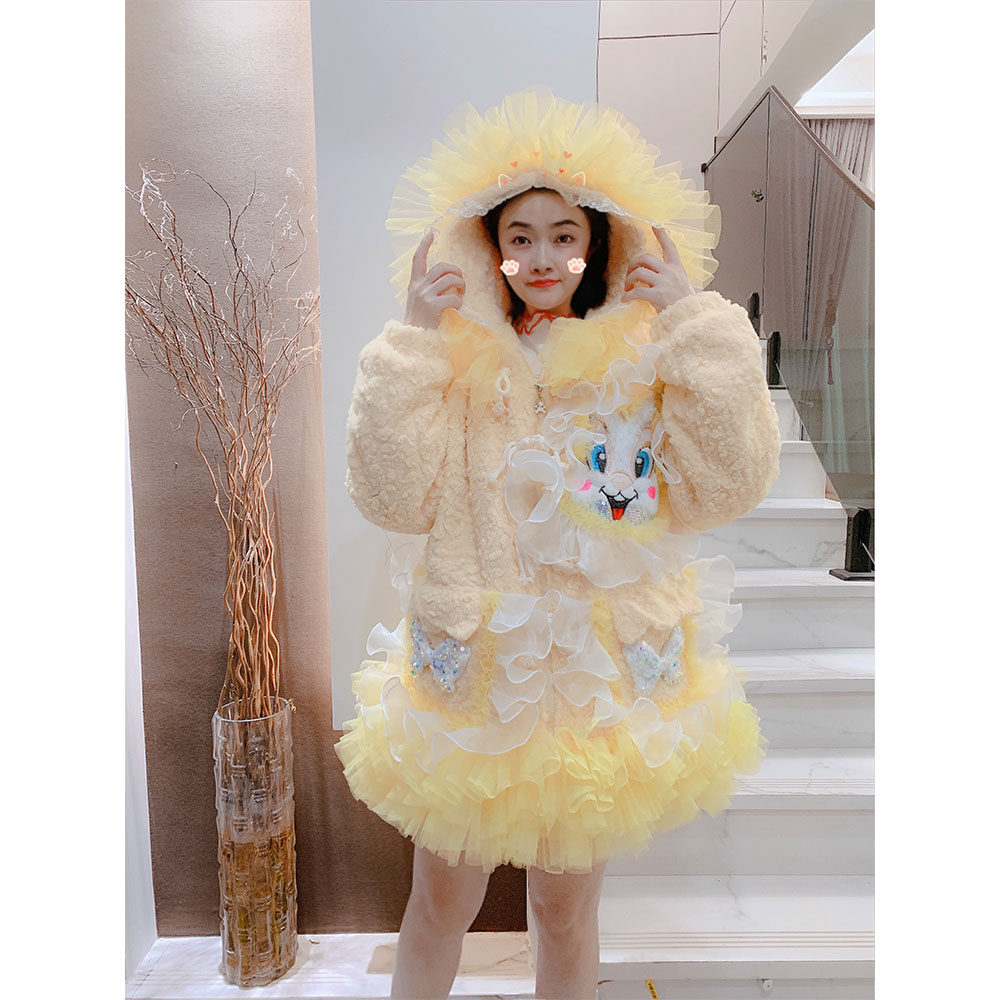 棉服外套女冬新款韩版甜美重工连帽网纱拼接加绒加厚保暖毛毛棉衣