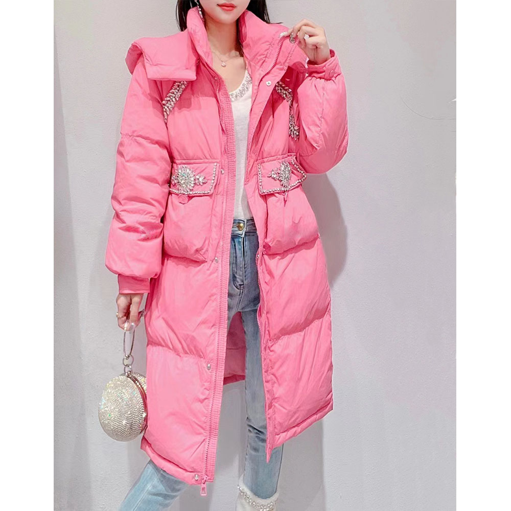 通勤羽绒服中长款连帽镶钻